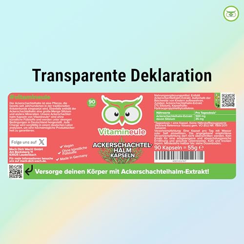 Ackerschachtelhalm Kapseln - hochdosiert 500 mg Zinnkraut - bioaktiv & vegan - Produktion in Deutschland - Extrakt ohne Zusatzstoffe - laborgeprüft & hoher Silizium-Anteil - Vitamineule®