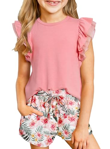 blibean Teen Girls Summer Clothes Set Big Kids Floral Matching Outfits Tween Fashion Two Piece Shirt Shorts Hawaiian Clothing Dual Ruffles Top Dressy Tracksuits Size 12-13 Years Old Pink