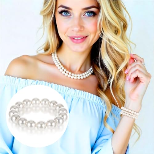 5 PCS Pearl Bracelets for Women, White Elegant Bridesmaid Bracelets Bridal Wedding Stackable Bracelets Faux Pearl Beaded Bracelets White Pearl Bracelet Set for Ladies3