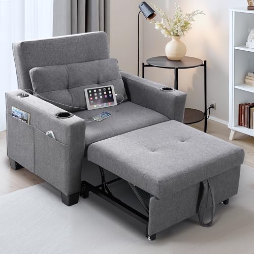 Image of FLEXISPOT XCT2 Sleeper Chair Bed, Sofa Bed Chair 3 in 1 w /USB Port, Pillow, Cup Holders, Convertible Pull Out Bed W /Adjustable Backrest for Living Room Apartment Small Space, Grey