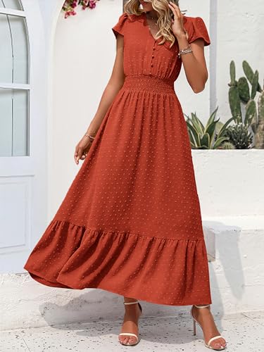 Image of PRETTYGARDEN Womens Dresses 2026 Summer Maxi Dress Boho Short Sleeve V Neck Swiss Dot Ruffle Tiered Smocked Flowy Long Dress