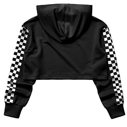 Image of Kids Girls Leather Plaid Long Sleeve Crop Top Hoddie Cropped Sweatershirts