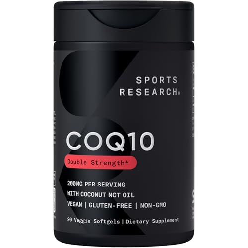 Sports Research CoQ10 200mg Capsules - Premium Coenzyme 10 Supplement with Coconut MCT Oil - Vegan Certified Non-GMO Verified & Gluten Free - 90 Veggie Softgels