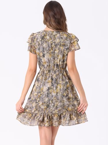 Image of Allegra K Women's Ruffle Sleeve Self-Tie V Neck Flowy Ruffled A-Line Floral Chiffon Dress