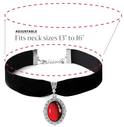 Gothic Choker Pirate Necklace for Women. Blood Red Stone for Grunge Style with Silver/Pewter Finish. Pendant Witch Necklace for Woman Halloween Costume Jewelry Vampire Accessories, Evil Eye, Female Devil, Antique Amulet4