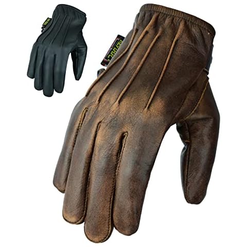 Texpeed Mens Leather Motorcycle Gloves Lined With Protective Kevlar Aramid - Short Cuff Lightweight Motorbike Biker Gloves - Distressed Brown - L Cover