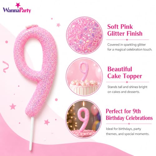 Image of Wanna Party Glitter Designer Pink Number 9 Birthday Candle, Numerical Cake Candle for 9th Birthday, Cake Cutting, Party Decoration & Celebration Supplies - 1PC