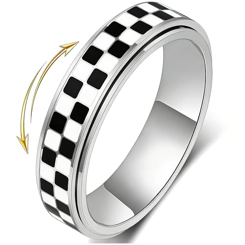 Checkered Fidget Spinner Ring Anxiety Relief Stainless Steel Adults Women