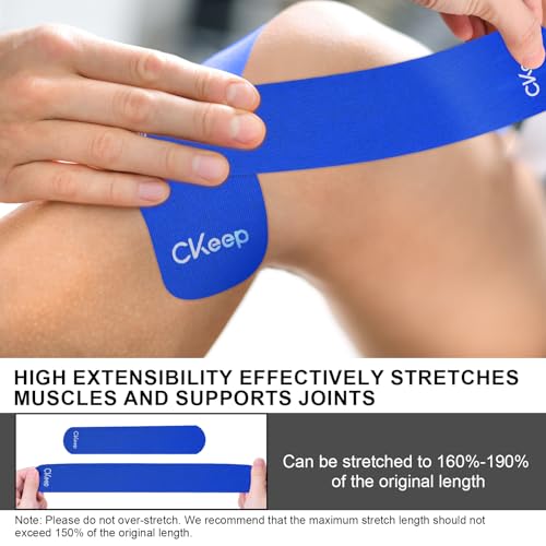 Image of CKeep Kinesiology Tape, 2 Rolls 2 Inch Wide Elastic Precut Strips, Blue | Cotton Latex Free Hypoallergenic Breathable Athletic Tape, Sticky & Waterproof Kinetic Tape for Joint Support Injury & Sprain
