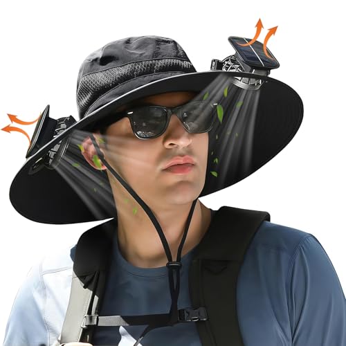 Solar Fan Hat,Wide Brim Sun Cap with 2 Solar Sun Protection Fans,Waterproof UPF 50+ Bucket Fishing Hat with Fan Built in Black