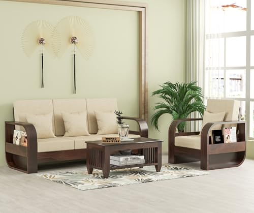 Image of Sheesham Wooden 4 Seater Sofa Set for Living Room | Solid Wood Sofa | Rosewood Sofa Set for Home & Office | Lounge (Walnut,Beige,3+1 Seater)