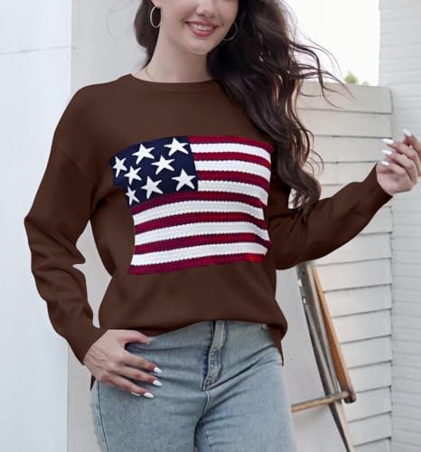 Image of Dressmine Womens American Flag Knit Sweater Crew Neck Long Sleeve Pullover | Casual Loose Graphic Outfits, Fall Sweatshirts, Trendy Clothes, Cute Patriotic Shirt, 2026 Cozy Elasticity Winter Tops