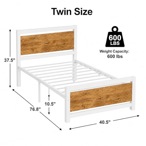 Image of Catrimown Twin Bed Frame with Headboard, Twin Metal Platform Bed Frame with Steel Slat Support, 10.5 in Under Bed Storage, No Box Spring Needed, Easy Assembly, White Brown