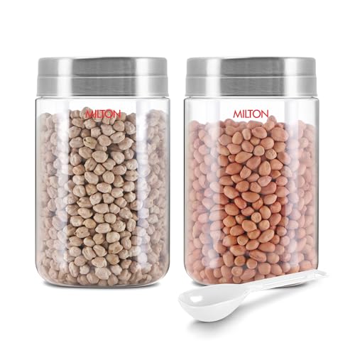 Image of MILTON Steel Seal 1500 Airtight Food Grade Modular Plastic Container | BPA Free, Stackable & Transparent | Wide Mouth with See-Through Lid | Ideal for Cereals, Pulses, Spices, Set of 2, 1500 ml each