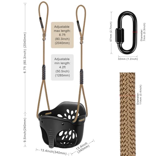 SELEWARE Heavy-Duty High Back Full Bucket Toddler Swing Seat with Locking Carabiners and Adjustable Rope, Cute Elephant Shape Design, 600LB Weight Limit (Bucket Swing, Black)