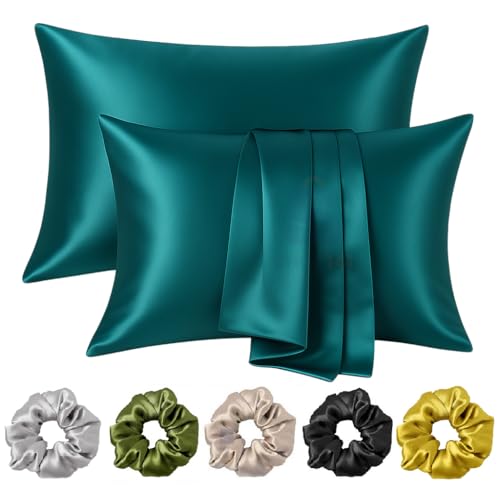 Image of Satin Pillow Covers for Hair and Skin Set of 2 with 5 Scrunchies I Satin Pillow case I Silk Pillow Cover I Silk Pillow case I Women Gift Items (Rama)