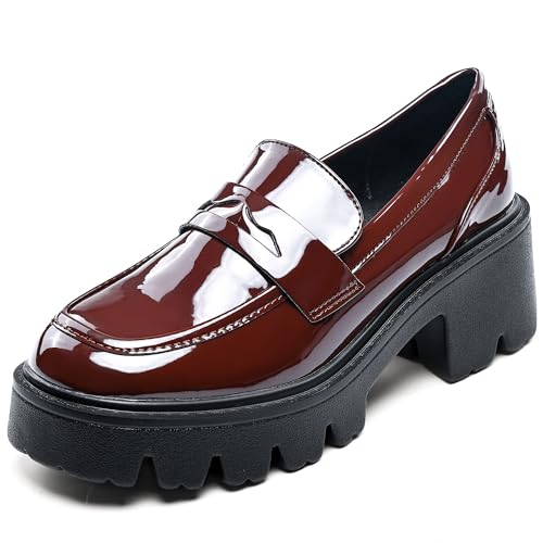 Image of Black Penny Loafers for Women - Women's Slip-On Platform Patent Leather Loafers, Chunky Comfort Shoes for Work & Dressy Occasions