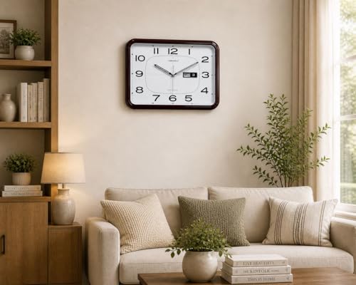 Image of CHRONIKLE 16 Inch Wall Clock with Day & Date Display, Silent Quartz Analog Clock for Home & Office, White Dial with Bold Black Numbers & Rosewood Finish Frame