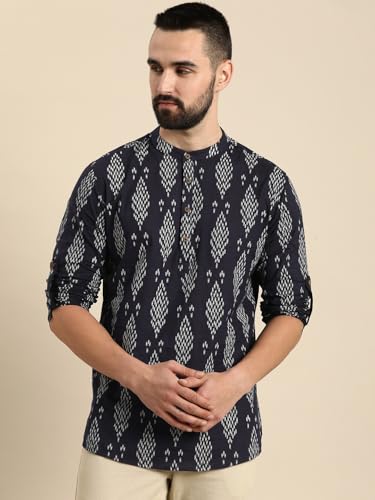Image of Zombom Men's Cotton Polyester Blend Solid Regular Fit Full Sleeve Printed Short Kurta | Ethnic, Lightweight Summer Kurta for Daily & Occasion Use | Men's Trendy Short Kurta