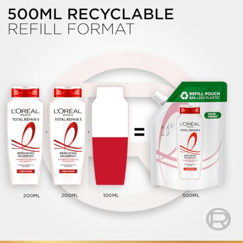 Image of L'Oreal Paris Total Repair 5 Repairing Shampoo Refill Pouch With Keratin XS For Damaged Hair, 500ml