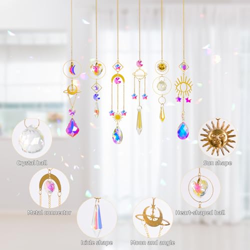 Sun Catchers 6Pieces Colorful Crystals Suncatcher with Chain Pendant Ornaments Hanging Crystals Prism Rainbow for Window Home Indoor Outdoor Car Mirror Garden Christmas Day Party
