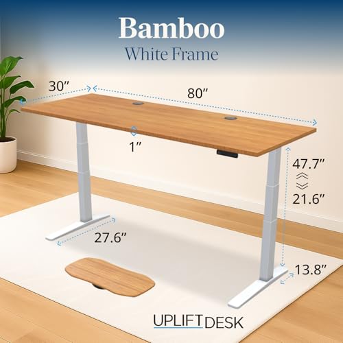 Image of UPLIFTDESK Bamboo (80 x 30 inch) Standing Desk 2-Leg V3 Adjustable Stand Up C-Frame (White), Advanced Keypad, Wire Grommets, Wire Tray, Rocker Board