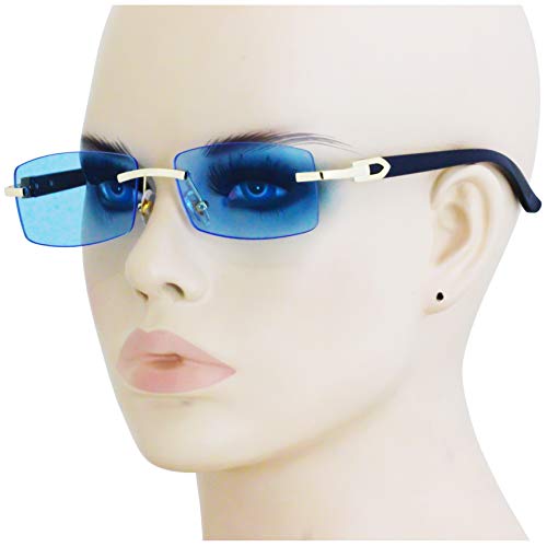 Flawless Slim Dean Rimless Sunglasses Rectangular Metal & Wood Art Glasses (Blue)3