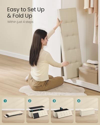 Image of SONGMICS MAZIE Collection - 43 Inches Folding Storage Ottoman Bench, Ottoman Foot Rest, End of Bed Bench, Storage Chest, Load 660 lb, for Living Room, Bedroom, Entryway, Cream White ULSF77BE