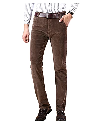 Men s Casual Slim Corduroy Pant Stretchy Fit High-Waisted Straight Leg Trousers Brown