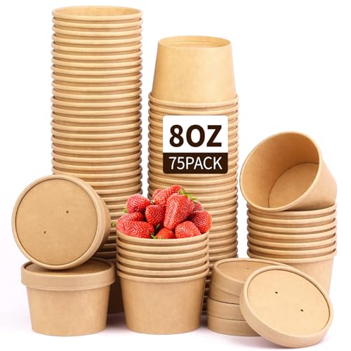 Image of Wuadua 75 Pack 8oz Paper Soup Cups with Lids Disposable Ice Cream Cups