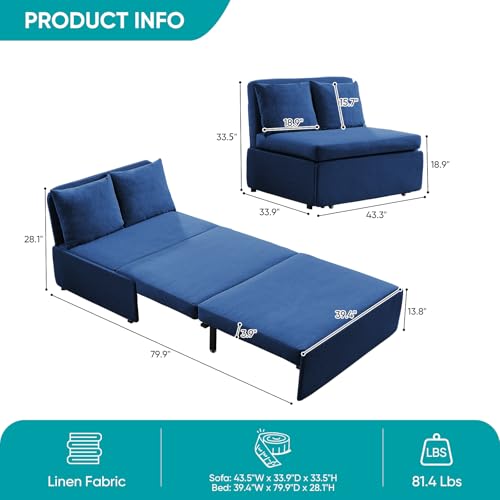 Image of BALUS 43 inch Width Twin Pull Out Sofa Bed Sleeper Couch with Pullout Beds, 2 in 1 Convertible Linen Sleepers Sofa Single Chair with Pillows and 3.9 inch Foldable Mattress for Small Space Apartment Loft, Blue