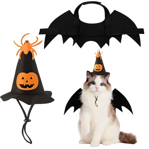猫 服 3点セット おもしろコスプレ 猫 被り物 猫の服 ハロウィン用 猫用 コスチューム ペットのハロウィンイベント ペットロールプレイング(羽*1、帽子*1、リボンネックレス*1) (C)