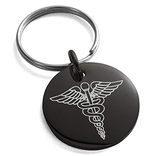 Stainless Steel Caduceus Staff of Hermes Symbol Small Medallion Circle Charm Keychain Keyring