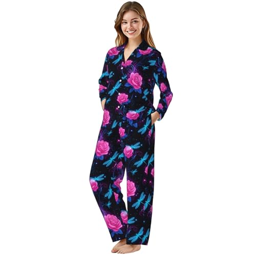 Image of Women'S Long Sleeve Pajama Set Soft Loungewear Button-Down Top & Elastic Waist Pants S- 2XL
