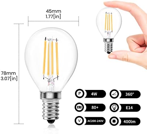 Bonlux Dimmable E14 Bulb LED 4W E14 SES Golf Ball Filament Bulb Warm White 2700K, P45 G45 Mini Globe Small Edison Screw Light Bulb, 40W Equivalent, Vintage Clear Glass Small Round Light Bulb (6 Pack)
