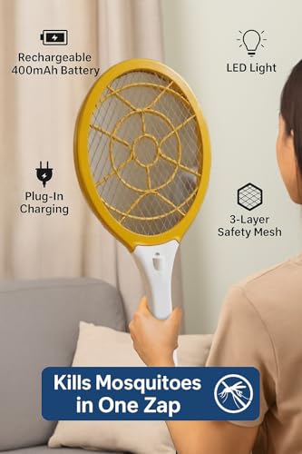 Image of LifeKrafts Mosquito Killer Racket Bat - 400mAh Rechargeable Electric Insect Zapper with LED Light | 3-Layer Safety Mesh | Plug-in Charging | Mosquito Bat for Home & Outdoor Use (Yellow)