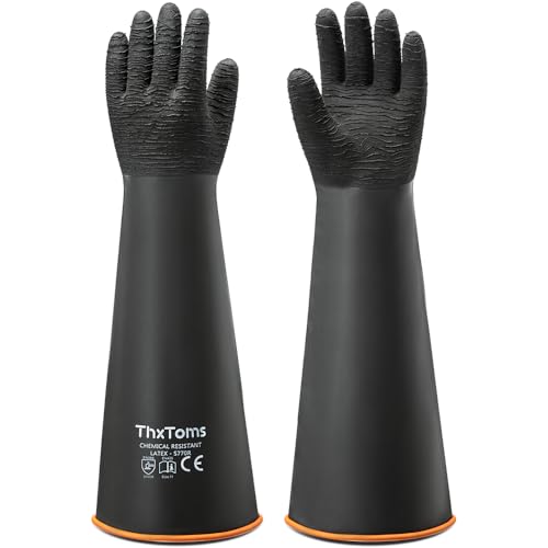 ThxToms Heavy Duty Rubber Gloves, Industrial Chemical Resistant Gloves Waterproof Reusable Protective Work Gloves for Cleaning, Dishwashing,Upgraded with Non-Slip Design, Black, 22" 1 Pair