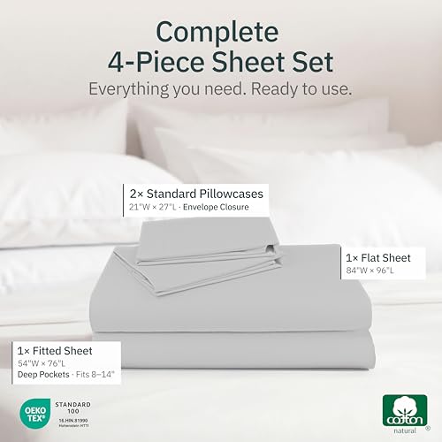 Image of Super Soft 100% Cotton Deep Pocket Full Size Sheets Set, 4 Pcs, Light Grey | Lightweight & Breathable For Hot Sleepers, 14 inch Deep Pocket, All-Around Elastic, Durable, Easy Care, OekoTex Certified