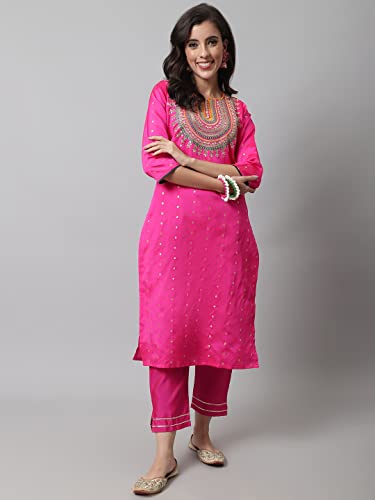 Image of VredeVogel Women's Silk Blend Embroidered Straight Kurta Trouser with Dupatta Set
