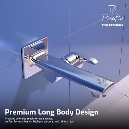 Image of Pixaflo Chocolate Brass Long Body Bib Cock Tap Combo with Wall Flange, Pack of 2, Chrome Finish