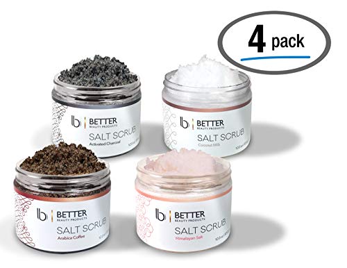 4 Pack Body Salt Scrubs by Better Beauty Products, Coconut Milk, Himalayan Salt, Arabica Coffee, Activated Charcoal SCRUBS, 10.5 oz Each, All In One Complete Body Scrub Pack