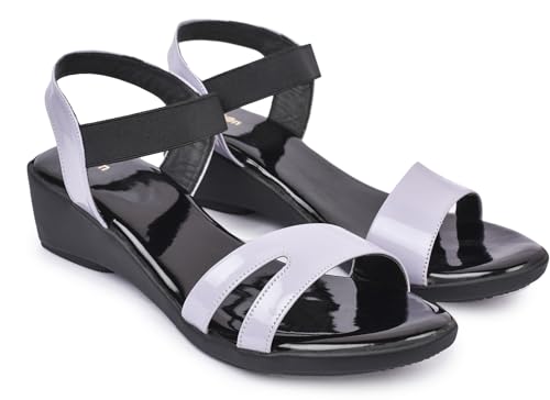 Image of Action Women's Patent Platform Sandals|Open Toe| Elastic Ankle Strap| Wedge Heel Black