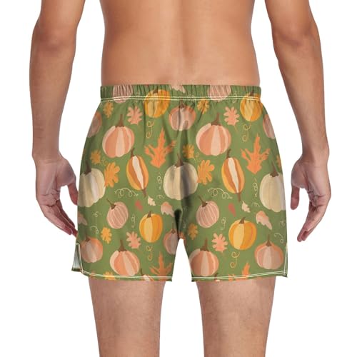 Pumpkin Autumn Leaves Men's Cotton Boxer Shorts Underwear Sleep Shorts with Button Fly Pajama Bottoms2