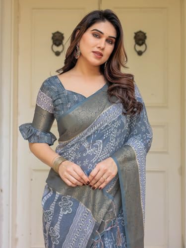 Image of ALMAARI FASHION Floral Printed Cotton Saree for Women with Handloom Zari Weave, Traditional Lightweight Ethnic Saree for Wedding Festive Office Party with Blouse Piece (LINEN 81-90 SH)