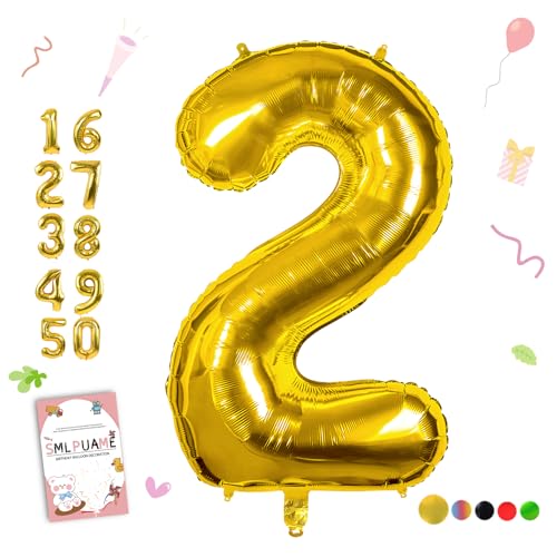 Smlpuame Gold Number 2 Balloons, 40 Inch Large Foil Balloon 0-9 Helium Digital Balloons, Self Inflating Number Balloon for 2nd Birthday Party Celebration Decorations Supplies Wedding Anniversary
