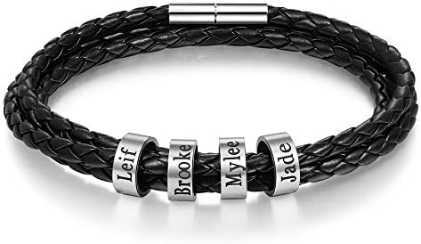 LanM Personalized Men Black Braid Bracelet Custom Bracelet for Men with Small Custom Beads Men's ID Bracelet Father's Day Gifts
