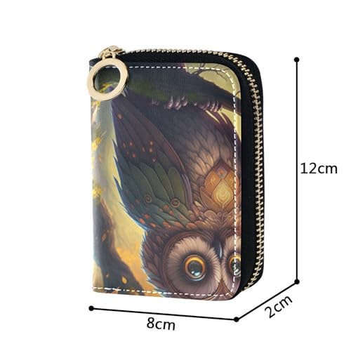 RFID Blocking Credit Card Wallets Womens Wallet Zip Around Small Zipper Change Purse with Key Ring Mystical Owl Vintage Art3