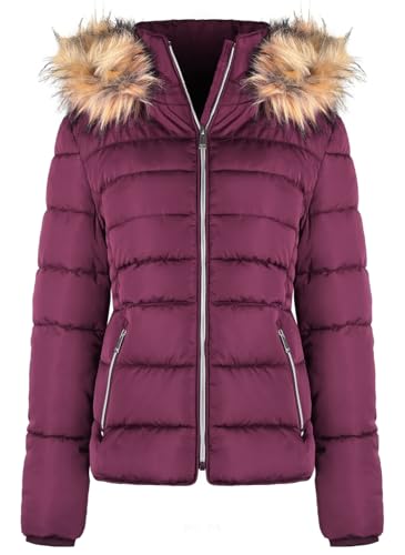 BodiLove Women's Puffer Jacket with Removable Faux Fur Hood and Zipper Burgundy L3
