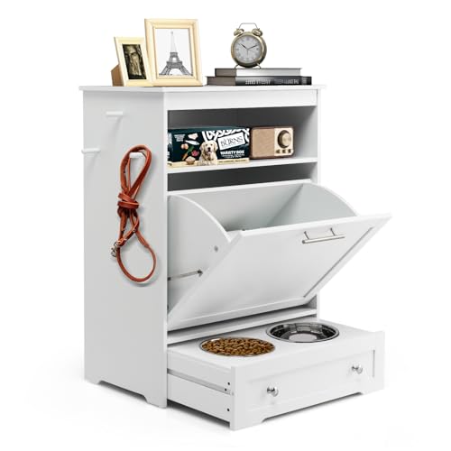 HAPPAWS Dog Feeding Station Dogs Food Storage Cabinet Pet Feeder Container with 2 Thick 50oz Stainless Steel Raised Dog Food and Water Bowls, Pet Supply Organizer with Pet Toy Hangers, White