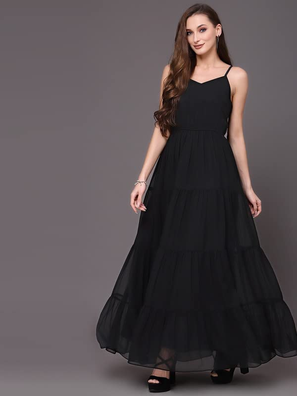 Selvia Women's Solid Sleeveless Weight Less/Georgette Sweetheart Neck Empire Dress(401Tk7264N-L_Black)
